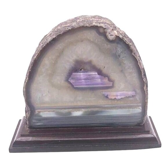 Brazilian Geode Agate Slice White & Purple Banded Mounted Wood Base - Picture 1 of 7